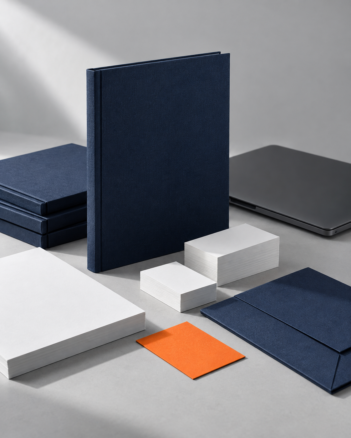 Composição ilustrativa de papelaria, materiais impressos e tecnologia em azul e laranja